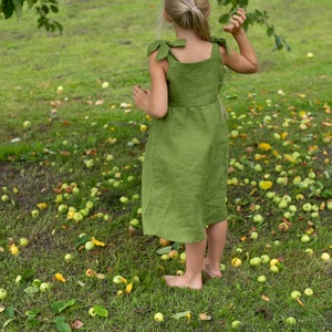 Girl Linen dress, Summer linen dress, Tie strap linen dress, Shoulder bow straps dress, Button front dress, Linen sundress,Green linen dress image 6