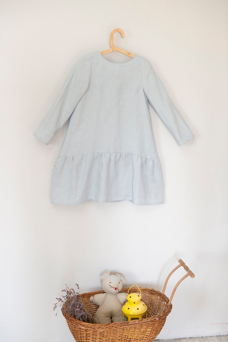 Girl linen dress, Drop Waist Linen Dress, A line dress, Tie Bow Back dress, Long Sleeves Dress, Baby linen dress, Spring dress, Blue dress image 7