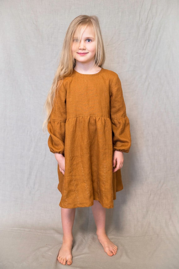 Girls Linen dress, toddler Linen dress, long sleeves dress, autumn dress red orange colour. Soft, natural dress with embroidery skirt