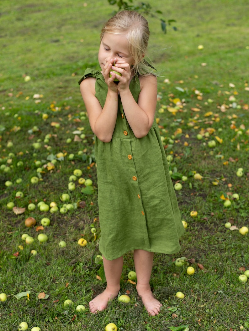 Girl Linen dress, Summer linen dress, Tie strap linen dress, Shoulder bow straps dress, Button front dress, Linen sundress,Green linen dress image 2