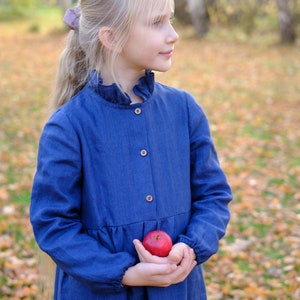 Mädchen Leinenkleid, Langarm Leinenkleid, viele Farben Kleid, Kleinkind-Mädchen-Kleid, Herbstkleid, lange Ärmel Kleid, Kleid mit gekräuselten Kragen