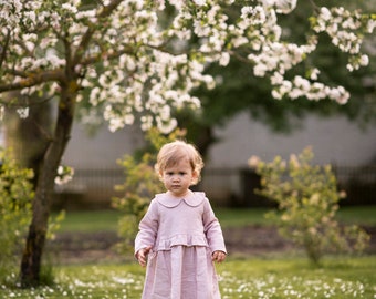 Girls Linen dress, Linen baby dress, Christening dress, Linen baptism dress, Flower girl dress, Long Sleeves Dress, Peter Pen collar dress