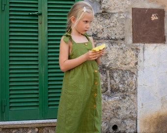 Pinafore linnen jurk meisje linnen jurk, zomer linnen jurk, groene linnen jurk, schouder boog bandjes jurk, knop front jurk, linnen sundress