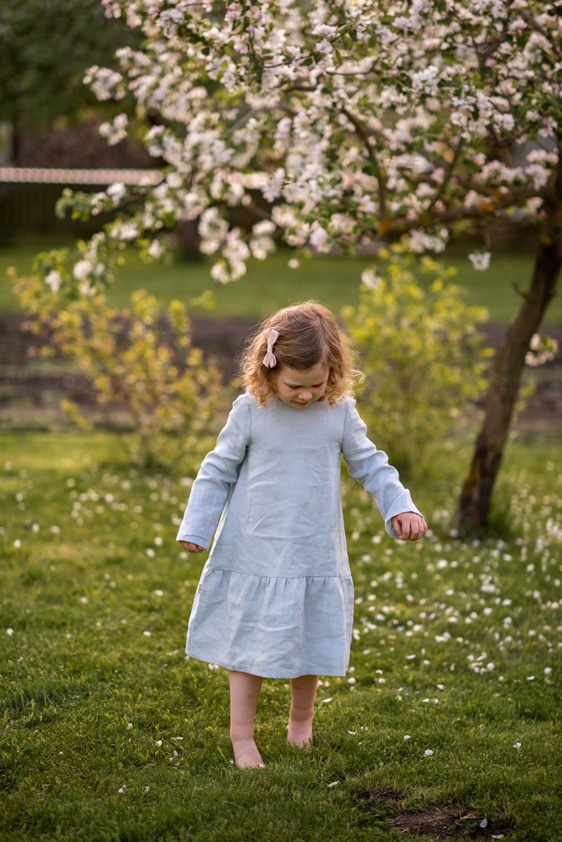 Girl linen dress, Drop Waist Linen Dress, A line dress, Tie Bow Back dress, Long Sleeves Dress, Baby linen dress, Spring dress, Blue dress image 10