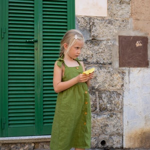 Girl Linen dress, Summer linen dress, Tie strap linen dress, Shoulder bow straps dress, Button front dress, Linen sundress,Green linen dress image 3