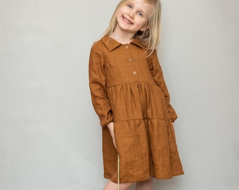 Ruffled linen dress girls/toddler linen dress/ long sleeve dress/buttom front dress/ boho linen dress/ ready to ship dress/ honey colour