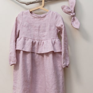 Mädchen Leinenkleid, Leinenkleid, Babykleid, Rüschenkleid, Stickkleid, Herbstkleid, Frühlingskleid, Langarmkleid, rosa