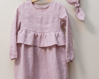 Girl Linen dress, linen clothes, baby girl dress, ruffle dress, embroidery dress, autumn dress, spring dress, long sleeves dress, rose pink