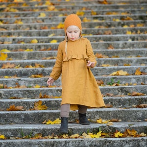 Girl Linen dress, mustard linen dress, long sleeves dress, embroidery dress, baby linen clothes, fall winter dress, toddler linen dress