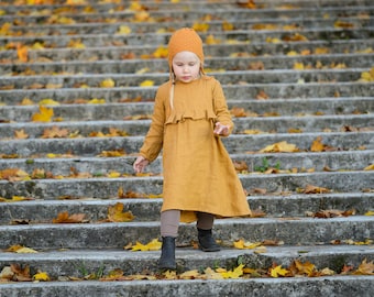 Girl Linen dress, mustard linen dress, long sleeves dress, embroidery dress, baby linen clothes, fall winter dress, toddler linen dress