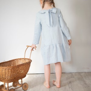 Girl linen dress, Drop Waist Linen Dress, A line dress, Tie Bow Back dress, Long Sleeves Dress, Baby linen dress, Spring dress, Blue dress image 5