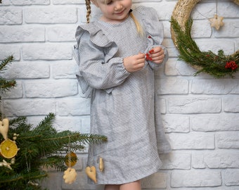 Baby linen dress, Loose linen dress, ruffled linen dress, baby linen clothes Long sleeves dress, baptism linen dress