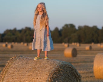 Girls summer dress with ruffles - sleeveless linen kids dress - toddler girl sundress for beach or everyday outfit