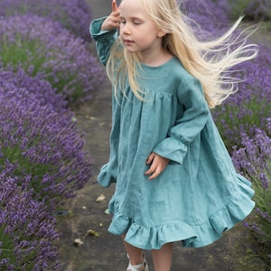 Lockeres Leinenkleid, Leinenkleid, Mädchen-Rüschenkleid, lange Ärmel Kleid, Kleinkind-Leinenkleid, Mintgrünes Leinenkleid, Baby-Leinenkleid, Sommerkleid