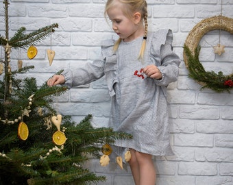 Girls linen dress with long sleeve, ruffle front dress, very soft washed linen dress, flax baby dress in ligth gray, 5 y size, 110 cm dress