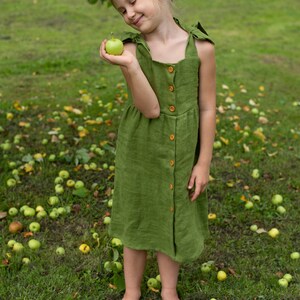 Girl Linen dress, Summer linen dress, Tie strap linen dress, Shoulder bow straps dress, Button front dress, Linen sundress,Green linen dress image 4