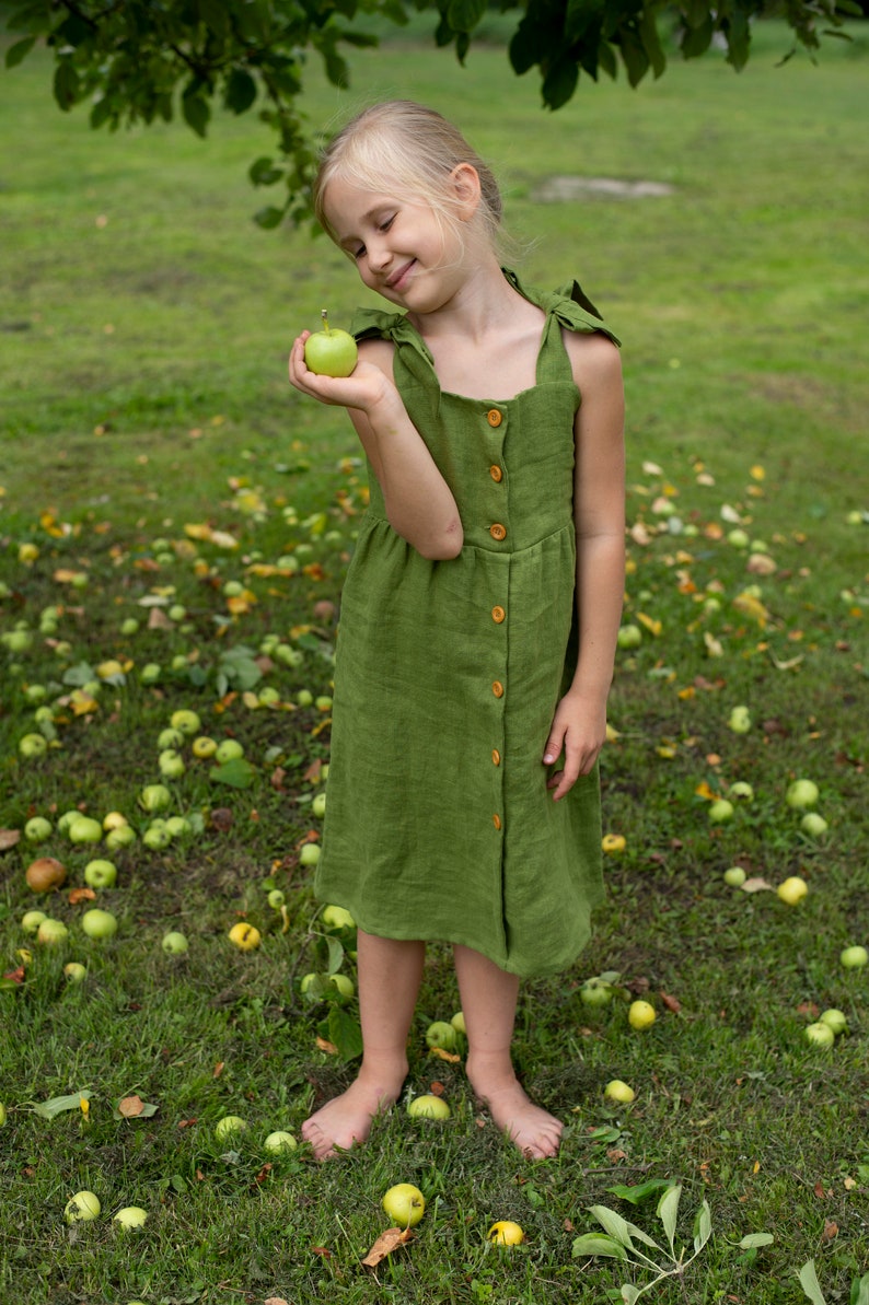 Girl Linen dress, Summer linen dress, Tie strap linen dress, Shoulder bow straps dress, Button front dress, Linen sundress,Green linen dress image 4