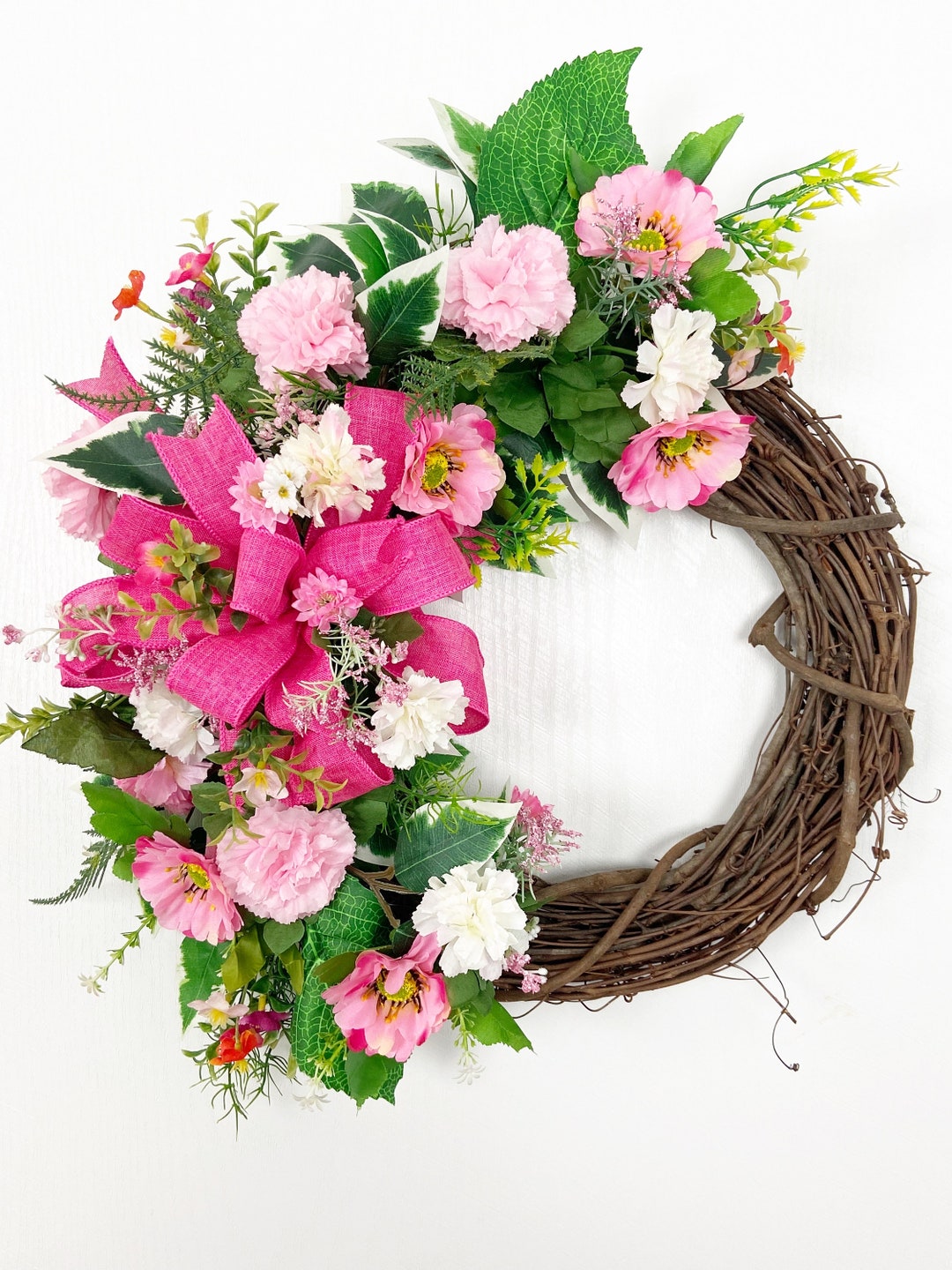 Bright Colorful Pink Spring Floral Wreath With Roses and Carnations for ...