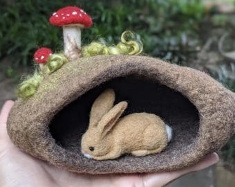 Felted Woodland Burrow with Rabbits and Toadstools