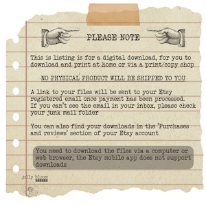 Pode incluir: Um aviso de download digital com instru&ccedil;&otilde;es sobre como acessar e imprimir arquivos digitais. O aviso indica que nenhum produto f&iacute;sico ser&aacute; enviado. O aviso tamb&eacute;m indica que o aplicativo m&oacute;vel Etsy n&atilde;o oferece suporte a downloads.
