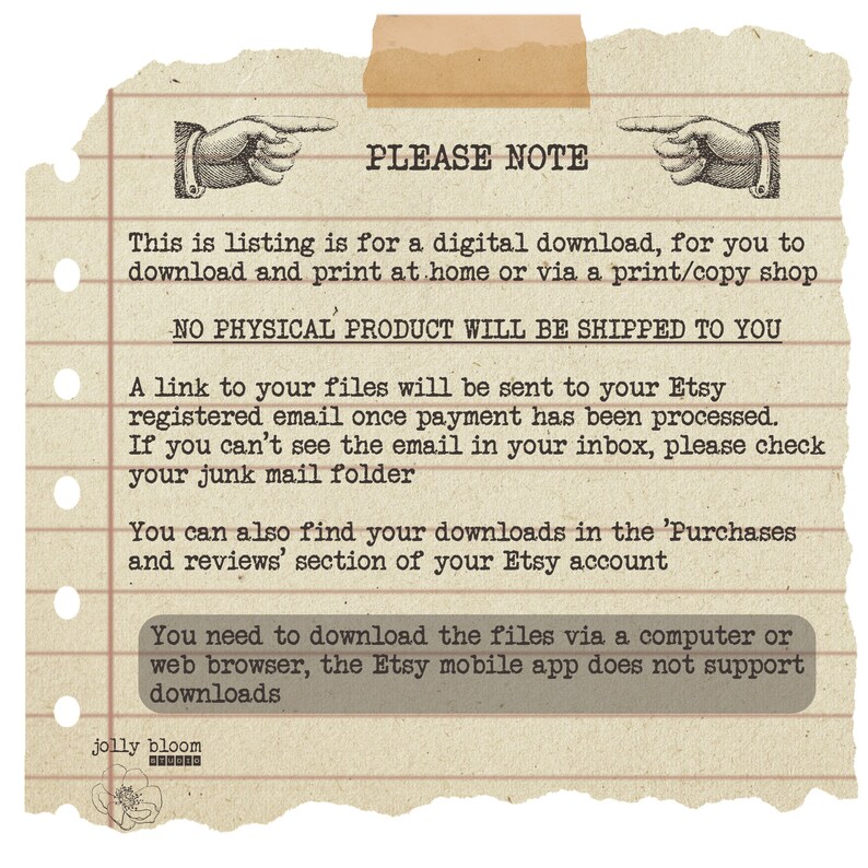 Pode incluir: Um aviso de download digital com instru&ccedil;&otilde;es sobre como acessar e imprimir arquivos digitais. O aviso indica que nenhum produto f&iacute;sico ser&aacute; enviado. O aviso tamb&eacute;m indica que o aplicativo m&oacute;vel Etsy n&atilde;o oferece suporte a downloads.
