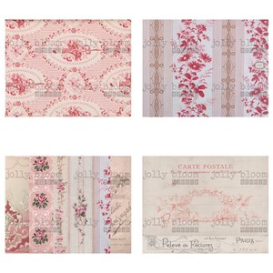 Pode incluir: Uma colagem digital de padr&otilde;es florais vintage em tons de rosa e branco. Os padr&otilde;es incluem um desenho repetitivo de rosas e folhas, um padr&atilde;o listrado com acentos florais e um desenho mais intrincado com uma borda floral e um motivo central. O texto "CARTE POSTALE" e "Peleve de Factures" &eacute; vis&iacute;vel no canto inferior direito.