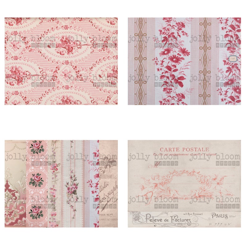 Pode incluir: Uma colagem digital de padr&otilde;es florais vintage em tons de rosa e branco. Os padr&otilde;es incluem um desenho repetitivo de rosas e folhas, um padr&atilde;o listrado com acentos florais e um desenho mais intrincado com uma borda floral e um motivo central. O texto "CARTE POSTALE" e "Peleve de Factures" &eacute; vis&iacute;vel no canto inferior direito.
