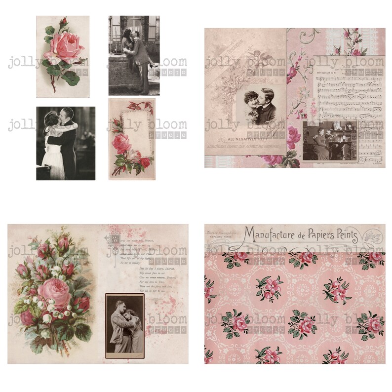 Pode incluir: Uma colagem de imagens vintage com casais, rosas e um padr&atilde;o floral. As imagens s&atilde;o de estilo rom&acirc;ntico e t&ecirc;m um aspeto desbotado e antigo.