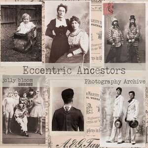 Puede incluir: Un collage de fotografías antiguas con personas en diversas poses y entornos. Las imágenes están en blanco y negro y en tonos sepia, y algunas tienen texto. El título "Eccentric Ancestors" está en la parte superior del collage.