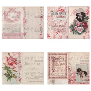 Pode incluir: Uma colagem de imagens vintage com um tema rom&acirc;ntico. As imagens apresentam rosas, cora&ccedil;&otilde;es e casais. O texto nas imagens inclui "Candy Kisses", "Miss Kate Nave", "Barclay Walker", "Quiver of Love", "A Collection of Valentines", "Ancient & Modern" e "Romances".