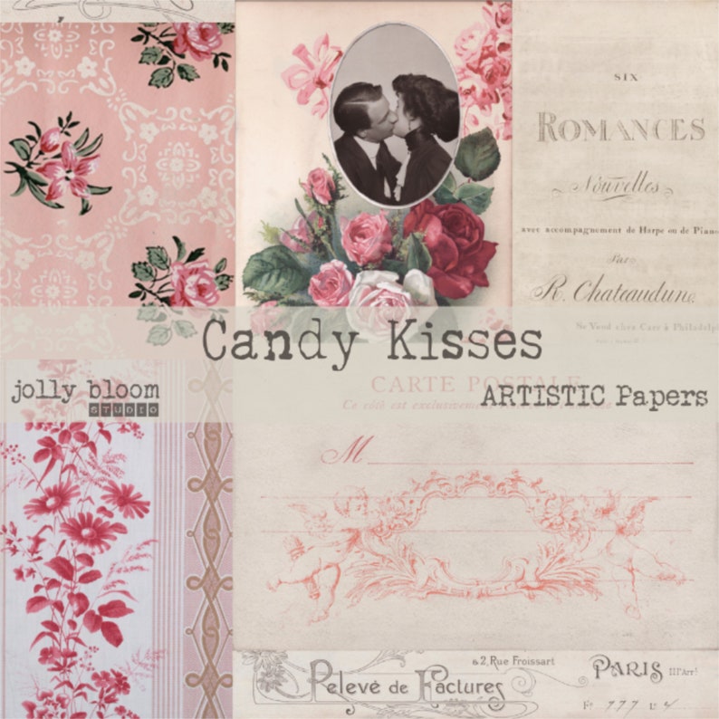 Kit de diário digital de beijos de doces, kit de diário de lixo com tema de amor, casais românticos, folhas de colagem vintage, diário de amor para impressão imagem 1
