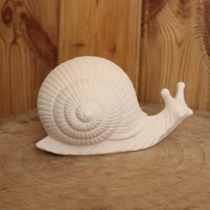 Könnte beinhalten: Eine cremefarbene Keramik-Schneckenfigur. Das Schneckenhaus weist ein detailliertes Spiralmuster auf, und der Körper hat eine strukturierte Oberfläche. Die Figur steht auf einer Holzoberfläche mit einem Holz Hintergrund.