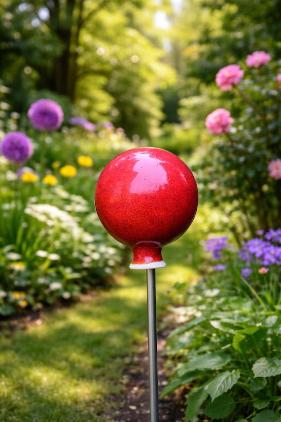 Keramik Rosenkugel für den Garten 12cm - Große Gartenkugel Dekoration Keramik - Gartenstele - Handgemachte Gartenkugel