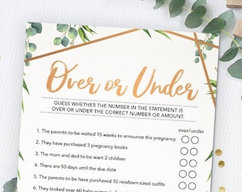 Over or Under, Baby Shower Game Printable, Baby Shower Instant Download, Gender Neutral Baby Shower Games, Greenery Baby Shower, Activity