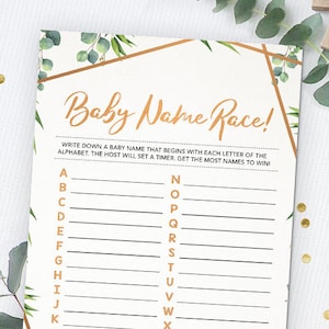 Baby Name Race, Baby Name Game, Baby Shower Game, Printable Game, Instant Download Game, Greenery Baby Shower, Boho Baby Shower, Game Cards image 1