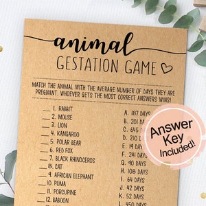 Animal Gestation Game, Animal Pregnancy Game, Baby Shower Game, Instant Download, Printable Game, Baby Shower Quiz, Baby Shower Activity