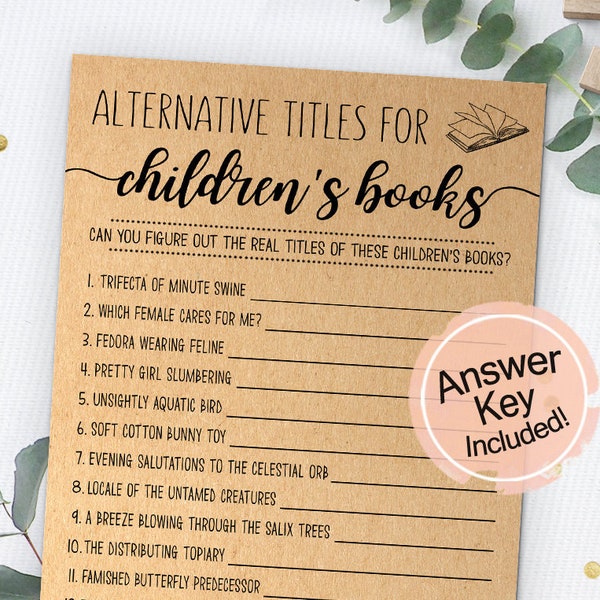 Alternative Titles for Children's Books, Baby Shower Game, Instant Download, Printable Game, Baby Shower Activity, Children's Book Quiz