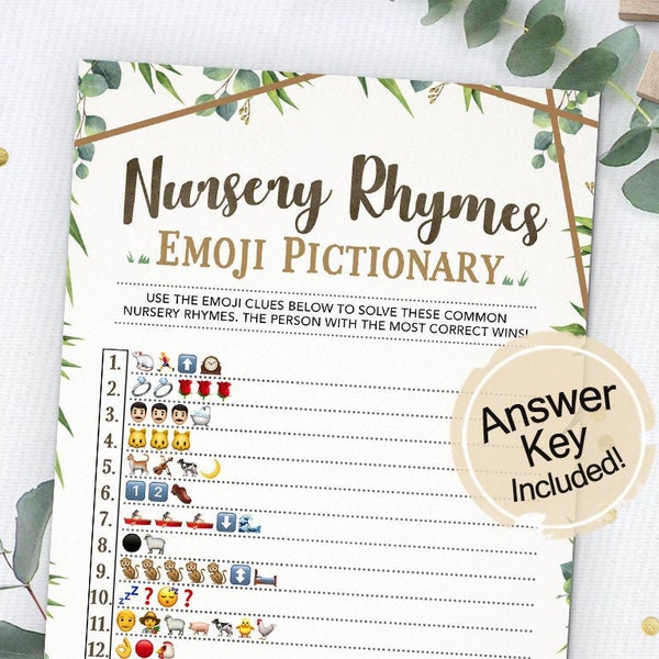 Baby Shower Emoji Pictionary Game, Baby Shower Game, Instant Download, Printable, Nursery Rhymes, Gender Neutral, Greenery, Woodland Theme