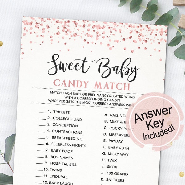 Sweet Baby Candy Match, Baby Candy Game, Baby Shower Printable, Baby Shower Instant Download, Rose Gold Confetti, Baby Shower Activity, Girl