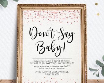 Don't Say Baby Game, Baby Shower Game, Baby Shower Sign, Printable, Instant Download, Baby Shower Decor, Rose Gold Confetti, For Baby Girl