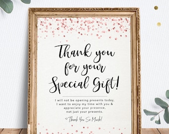 Thank You for Your Special Gift, Gift Sign, Printable Sign, Instant Download, Baby Shower Decor, Rose Gold Confetti, Baby Shower Quote Art