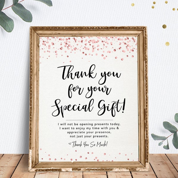 Thank You for Your Special Gift, Gift Sign, Printable Sign, Instant Download, Baby Shower Decor, Rose Gold Confetti, Baby Shower Quote Art