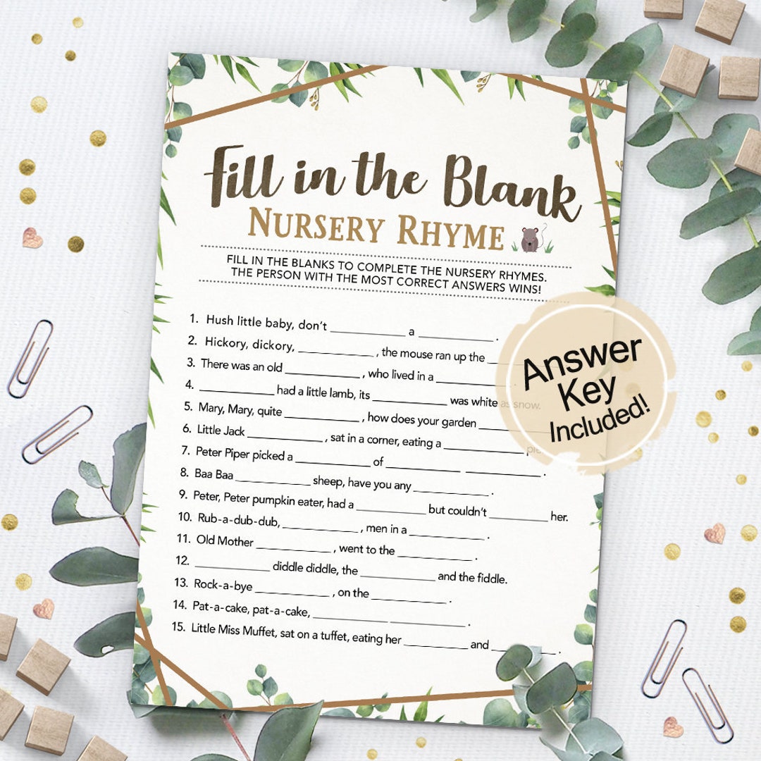 Fill in the Blank Nursery Rhyme, Woodland Baby Shower Game, Printable