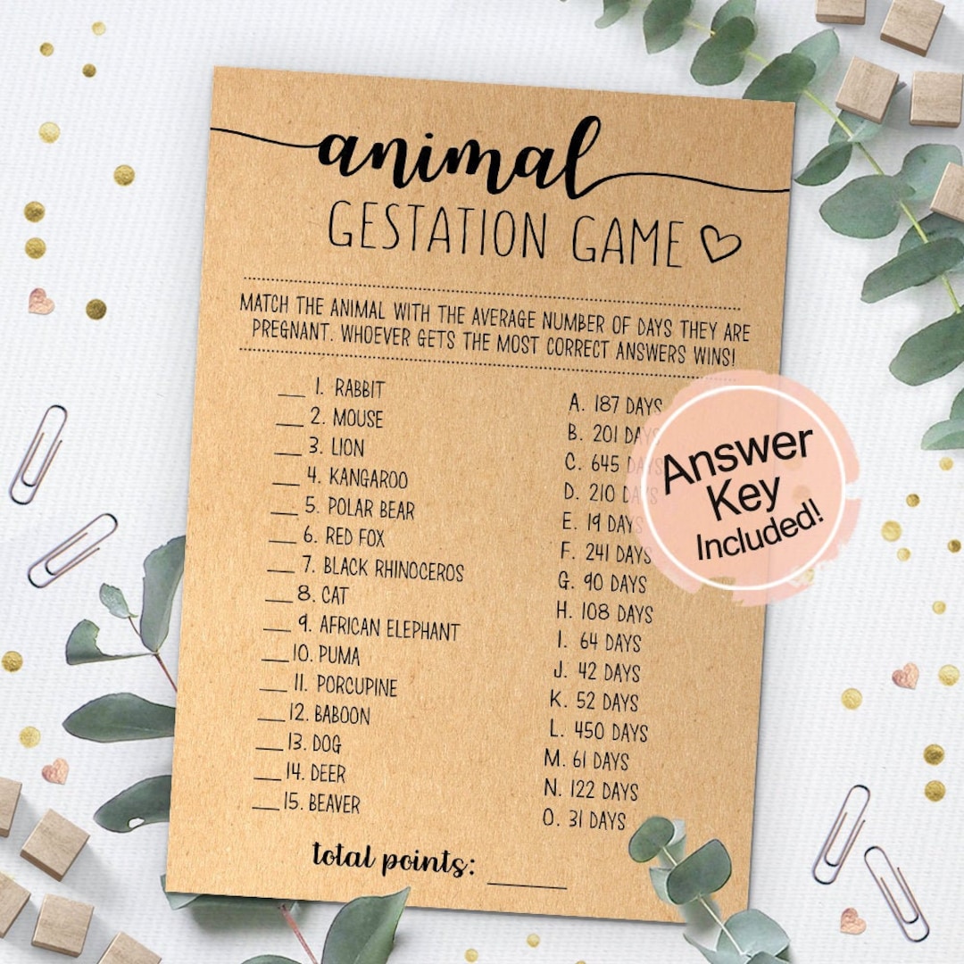 Animal Gestation Baby Shower Game Free Printable