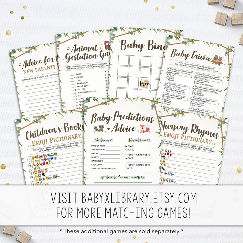 Baby Shower Emoji Pictionary Game, Baby Shower Game, Instant Download, Printable, Nursery Rhymes, Gender Neutral, Greenery, Woodland Theme zdjęcie 3