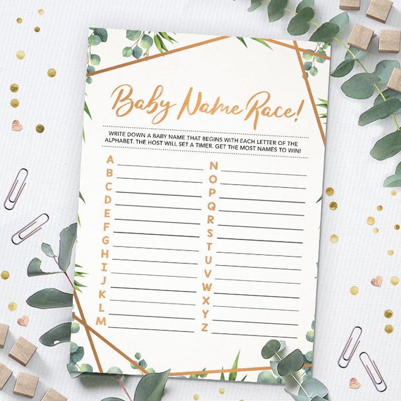 Baby Name Race, Baby Name Game, Baby Shower Game, Printable Game, Instant Download Game, Greenery Baby Shower, Boho Baby Shower, Game Cards image 1