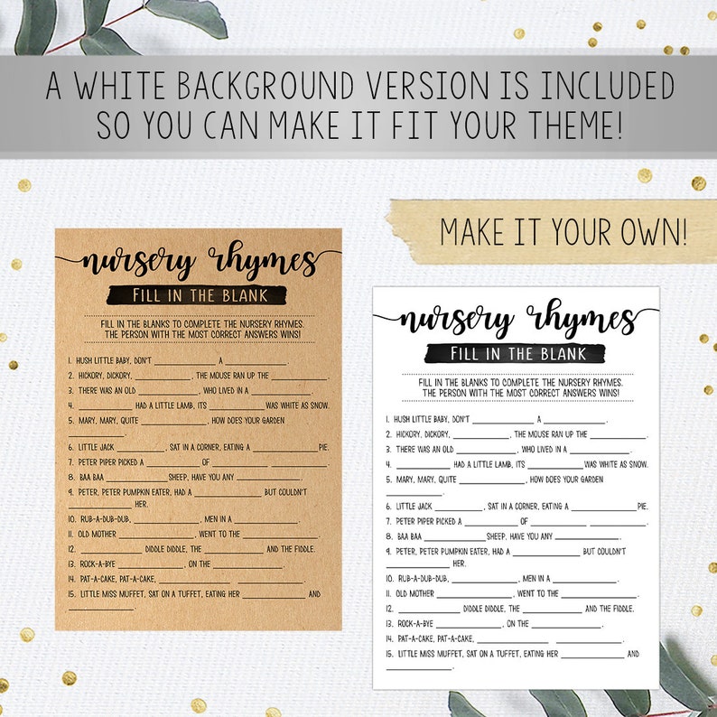 Nursery Rhymes Fill in the Blank Baby Shower Nursery Rhymes Etsy UK