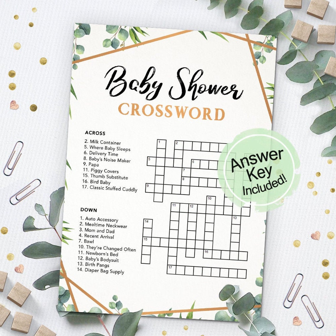 Baby Shower Crossword Puzzle Printable Baby Shower Game Etsy