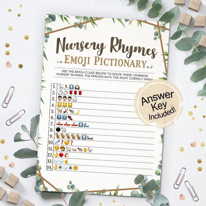 Baby Shower Emoji Pictionary Game, Baby Shower Game, Instant Download, Printable, Nursery Rhymes, Gender Neutral, Greenery, Woodland Theme zdjęcie 1