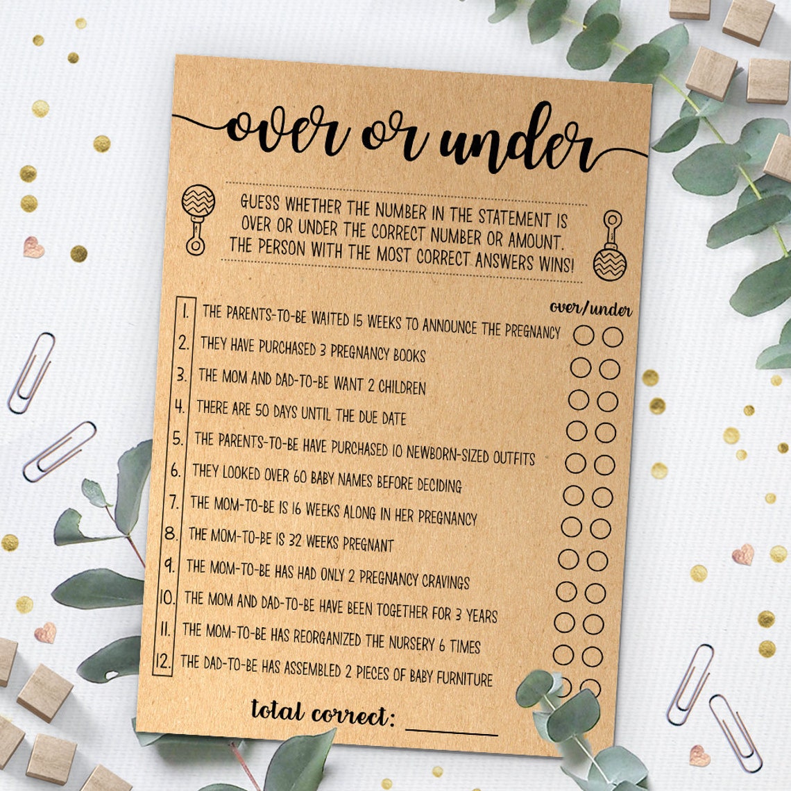 Over or Under Baby Shower Games Printable Instant Download - Etsy